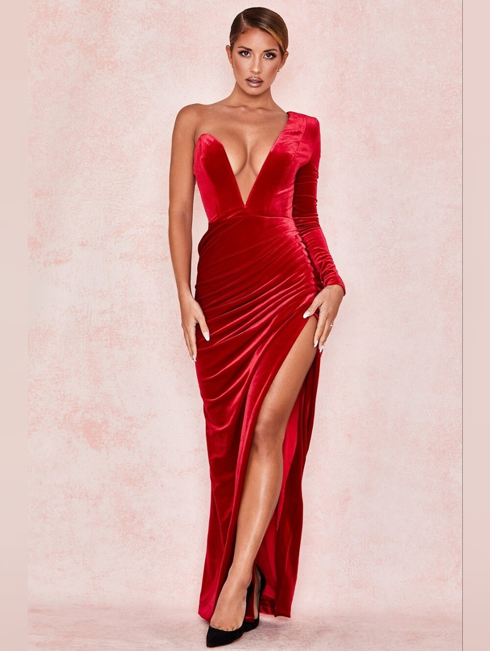 COMING SOON House of CB Allegra Red Velvet Plunge Maxi Dress Small